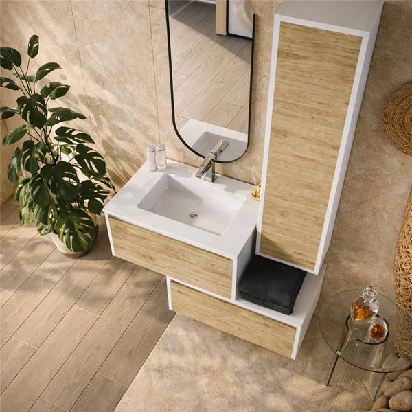 Mobile bagno quercia bianco lucido 80x47 Siena con colonna e lavabo