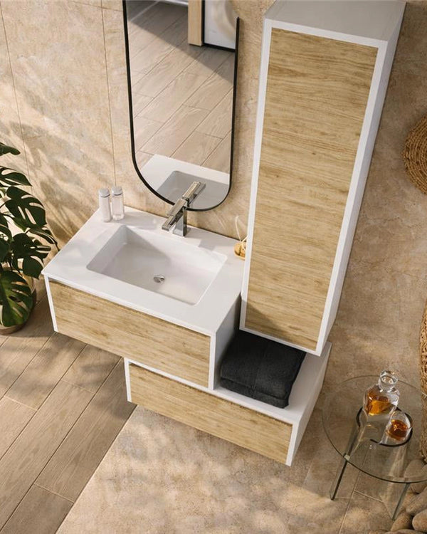 Mobile bagno quercia bianco lucido 80x47 Siena con colonna Biancoquercia, vista dall'alto del piano con lavabo - Exagonshop