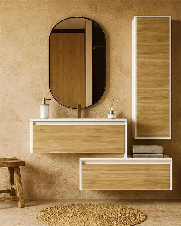 Mobile bagno quercia bianco lucido 80x47 Siena con colonna Biancoquercia con lavabo e rubinetteria, vista frontale su...