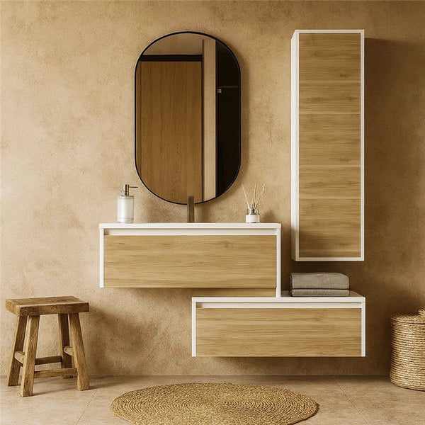 Mobile bagno 80x47 Siena Quercia bianco lucido con colonna push&pull e lavabo
