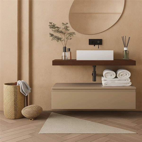 Mobile bagno 80x50 Tabacco tortora opaco Oasy con top e, vista dall'alto del piano con lavabo - Exagonshop