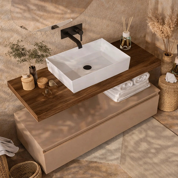 Mobile bagno 80x50 Tabacco tortora opaco Oasy con top e ambientato in bagno moderno con specchio e accessori - Exagonshop