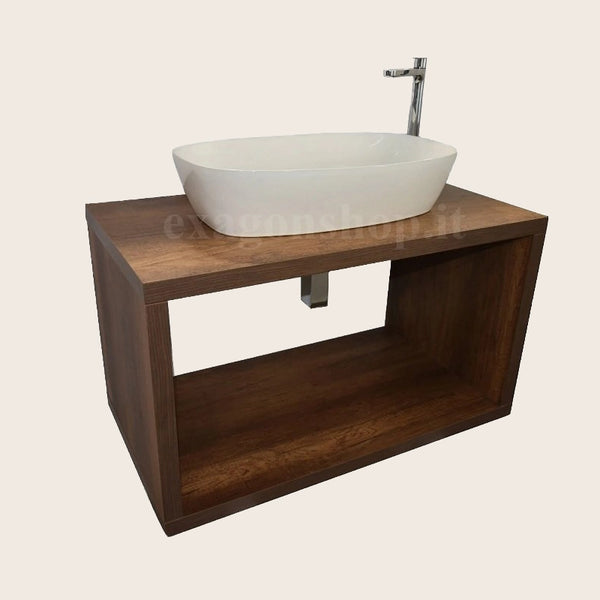 Mobile bagno 90 cm tabacco con vano a giorno lavabo non con lavabo e rubinetteria, vista frontale su sfondo neutro...