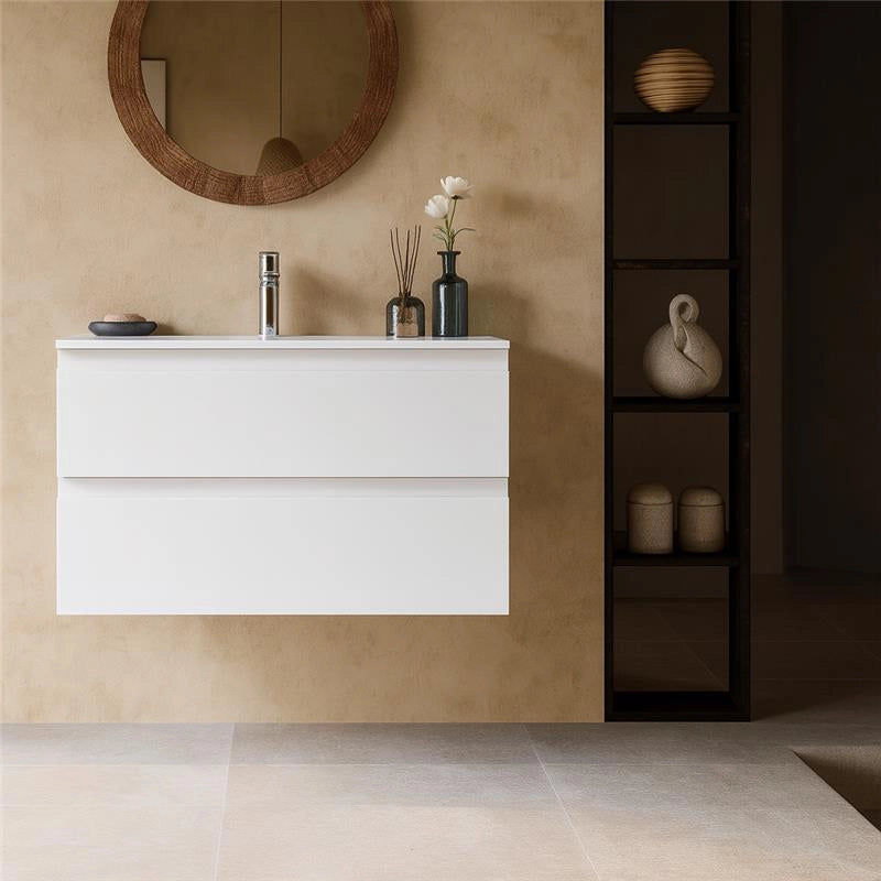 Mobile bagno 90x45 bianco opaco Pesaro due cassetti lavabo in ceramica