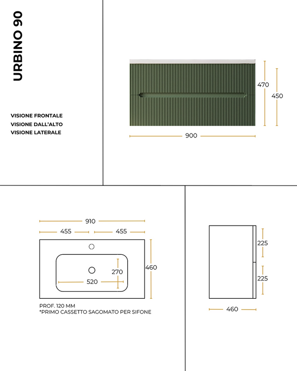 Mobile bagno noce chiaro 90x46 cannettato Urbino con lavabo in ceramica