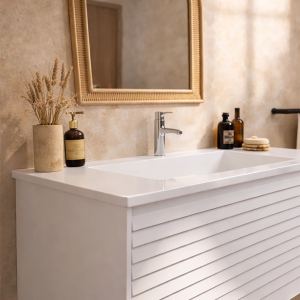 Mobile bagno 90x48 Madrid cannettato un cassetto bianco con lavabo