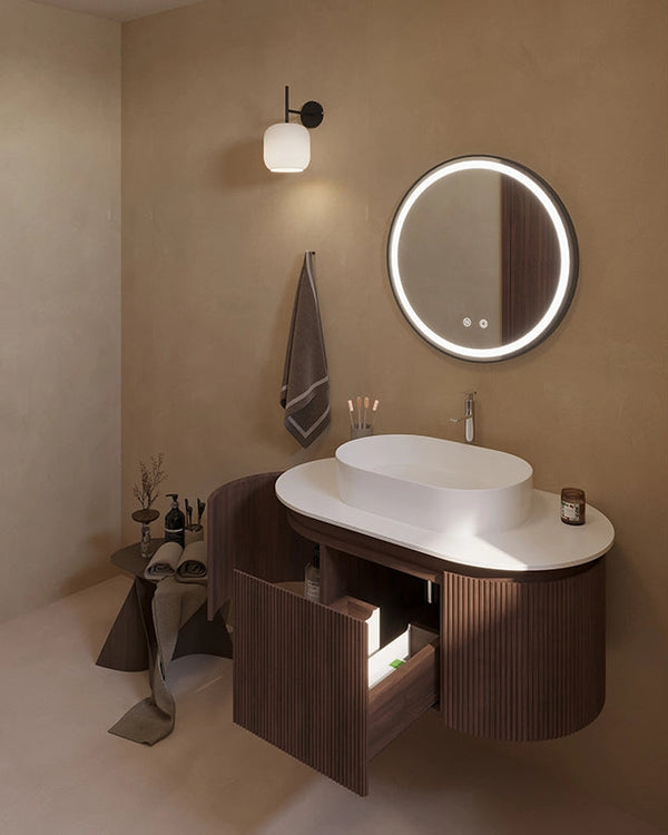 Mobile bagno 90x50 Siviglia cannettato quercia scuro lavabo, dettaglio ravvicinato della finitura e del cassetto - Exagonshop