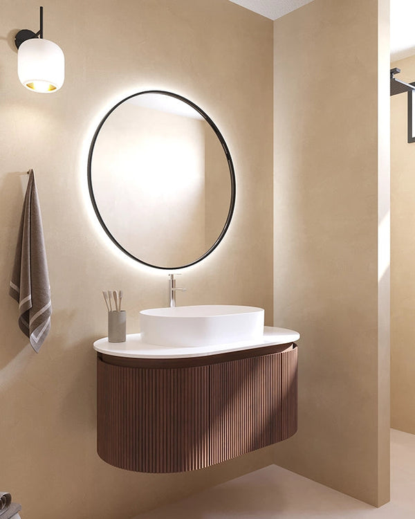 Mobile bagno 90x50 Siviglia cannettato quercia scuro lavabo con lavabo e rubinetteria, vista frontale su sfondo neutro...