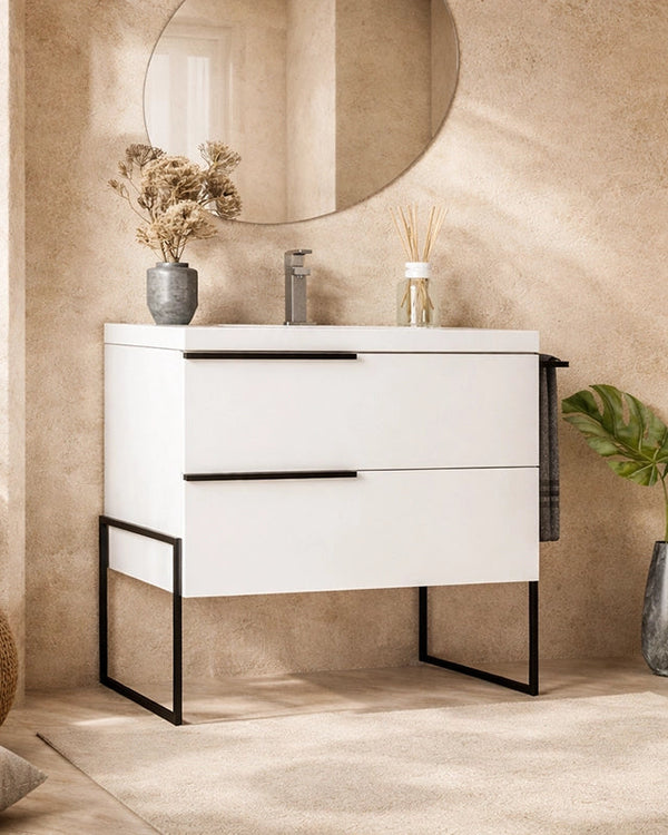 Mobile bagno Bianco Lucido 100x45 Venezia a pavimento con ambientato in bagno moderno con specchio e accessori - Exagonshop