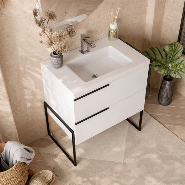 Mobile bagno Bianco Lucido 100x45 Venezia a pavimento con, vista dall'alto del piano con lavabo - Exagonshop