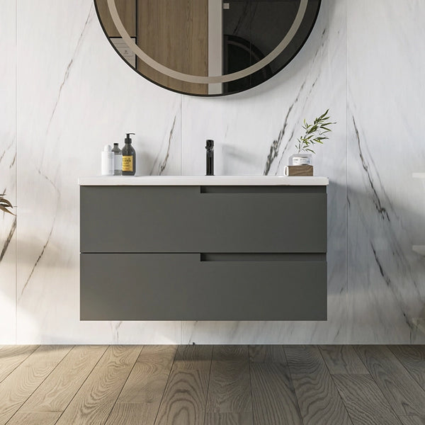 Mobile bagno Grigio opaco 90x46 Sorrento due cassetti con lavabo integrato in ceramica