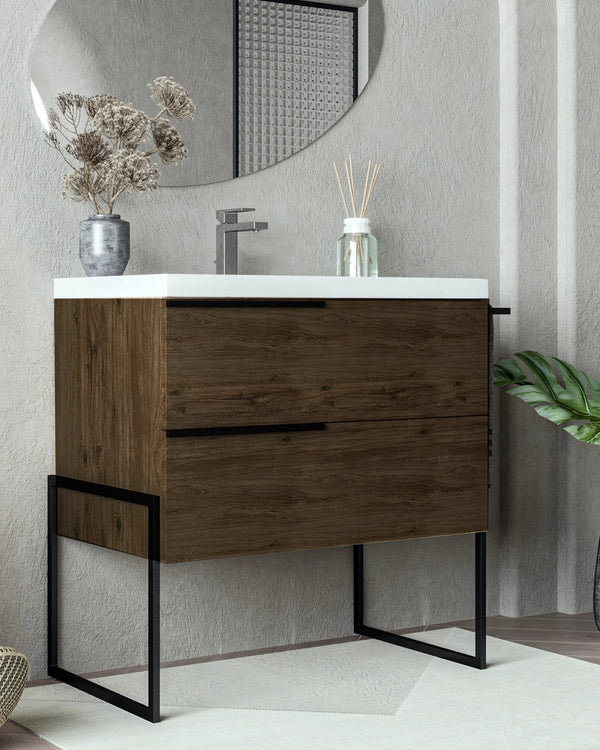Mobile bagno Olmo scuro 80x45 Venezia a pavimento con in opaco e naturale con lavabo e rubinetteria, vista frontale su...
