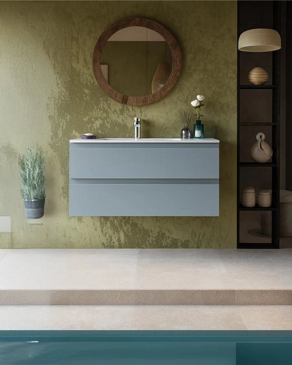 Mobile bagno avion 90x45 Pesaro lavabo in ceramica lucido Avio Laccato Opaco in mdf con lavabo e rubinetteria, vista...