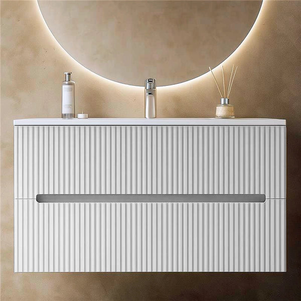 Mobile bagno bianco opaco 100x46 cannettato Urbino 2.0 con lavabo in resina e due cassetti