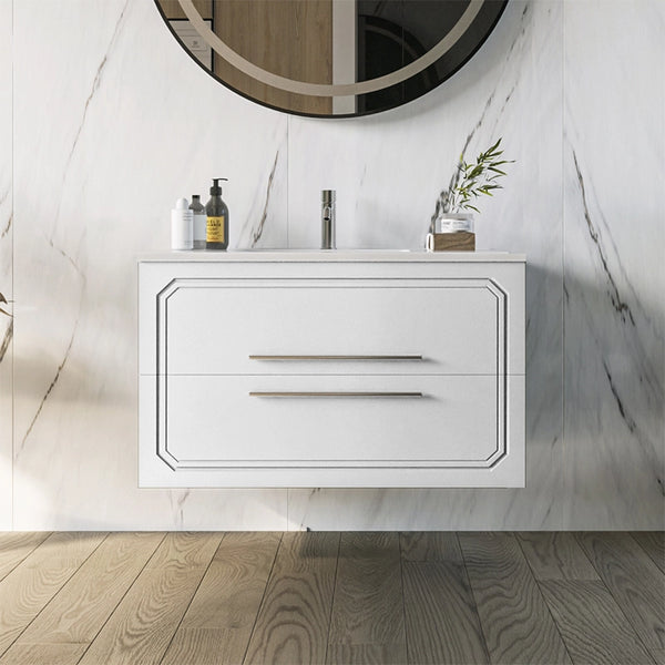 Mobile bagno bianco lucido 80x46 Vienna con lavabo cassetti rifiniti con maniglie cromo