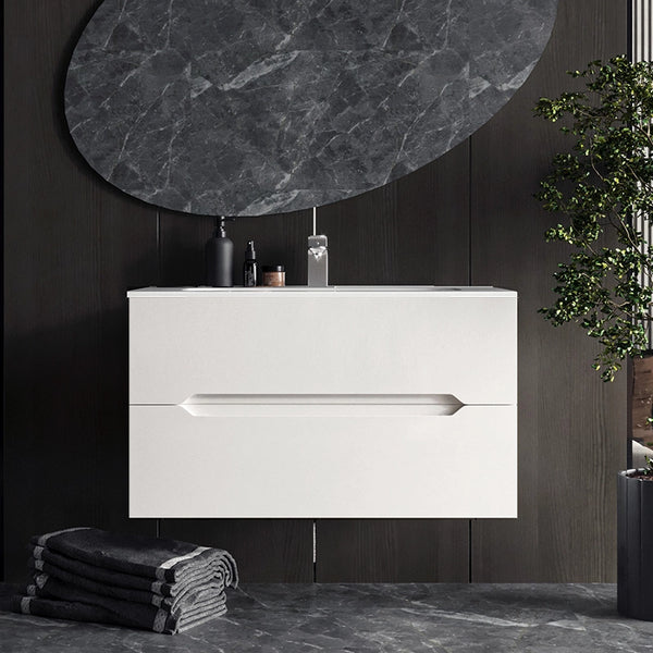 Mobile bagno bianco lucido 90x46 Urbino con lavabo in ceramica due cassetti