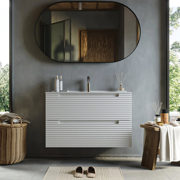Mobile bagno bianco opaco 100x45 Mango due cassetti soft close con lavabo in ceramica lucida