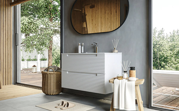 Mobile bagno bianco opaco 100x45 Mango due cassetti soft close con lavabo in ceramica lucida