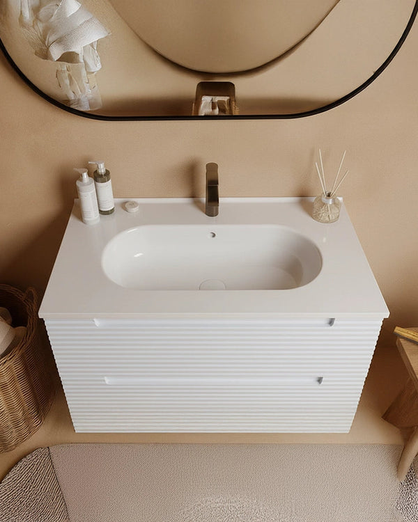 Mobile bagno bianco opaco 100x45 Mango lavabo in ceramica, vista laterale della struttura sospesa - Exagonshop