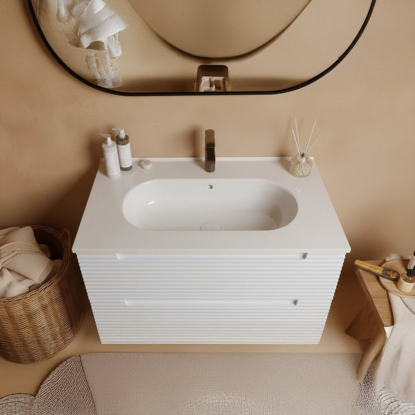 Mobile bagno bianco opaco 80x45 Mango lavabo in ceramica, vista laterale della struttura sospesa - Exagonshop