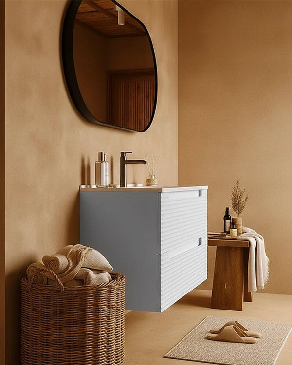 Mobile bagno bianco opaco 100x45 Mango lavabo in ceramica, dettaglio ravvicinato della finitura e del cassetto - Exagonshop