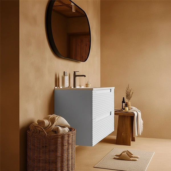 Mobile bagno bianco opaco 80x45 Mango lavabo in ceramica, dettaglio ravvicinato della finitura e del cassetto - Exagonshop