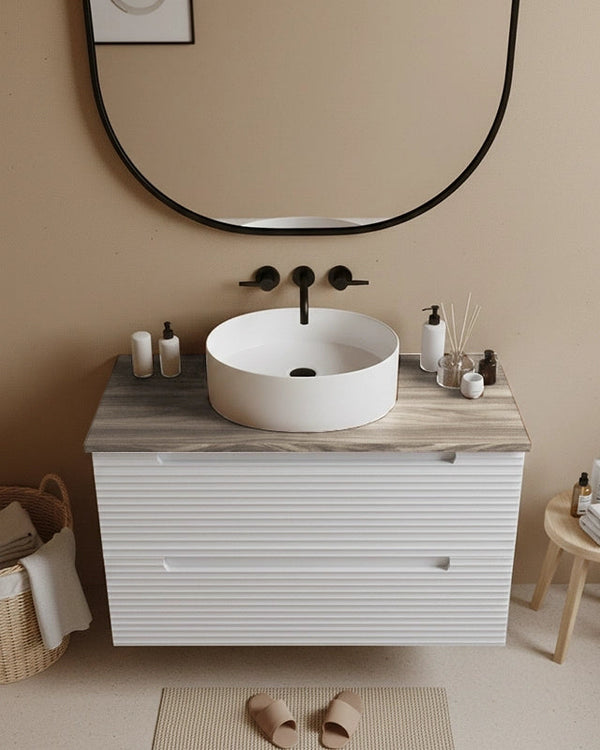 Mobile bagno bianco opaco 100x45 Mango top quercia e lavabo, vista dall'alto del piano con lavabo - Exagonshop