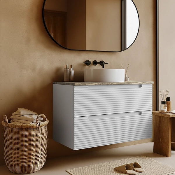 Mobile bagno bianco opaco 100x45 Mango top quercia e lavabo appoggio in ceramica lucida
