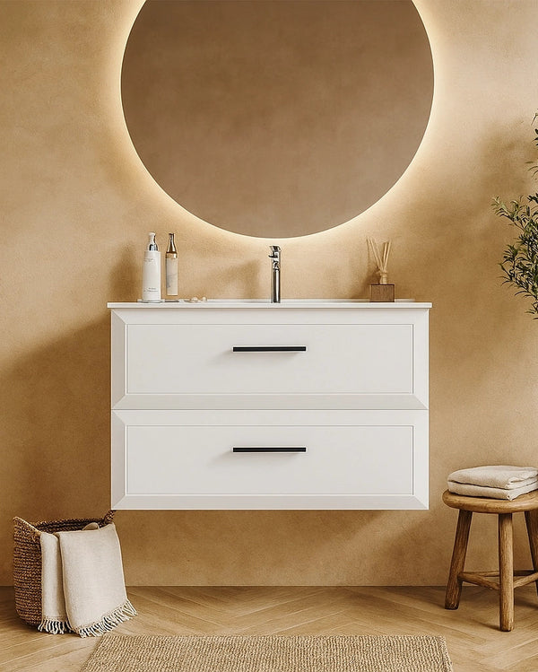 Mobile bagno bianco opaco 100x45 Praga lavabo in ceramica in lucido con lavabo e rubinetteria, vista frontale su sfondo...
