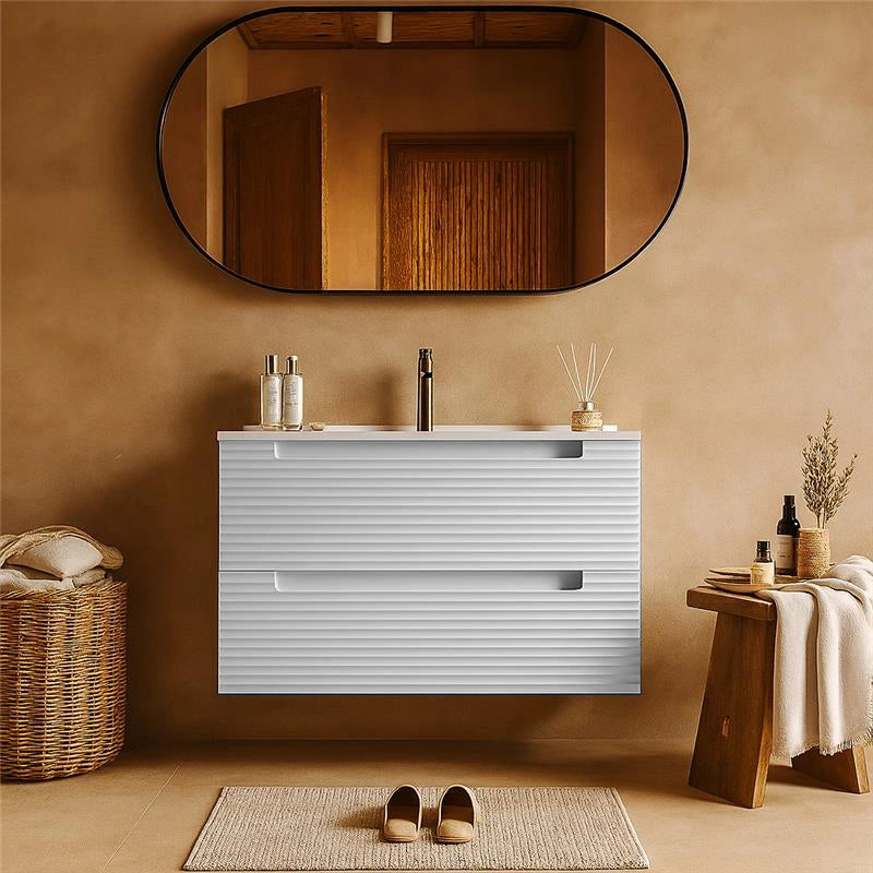 Mobile bagno bianco opaco 100x45 Mango due cassetti soft close con lavabo in ceramica lucida