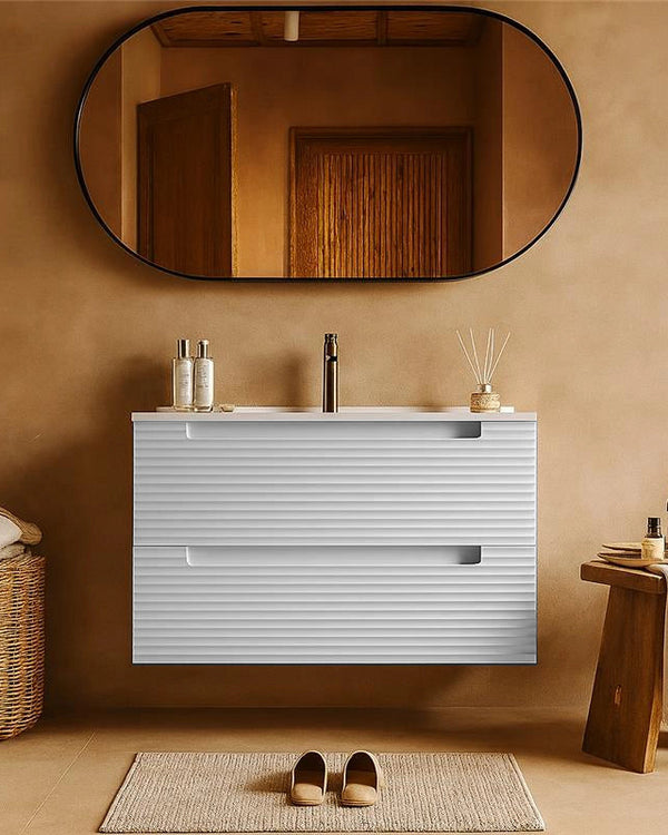 Mobile bagno bianco opaco 100x45 Mango lavabo in ceramica con lavabo e rubinetteria, vista frontale su sfondo neutro...
