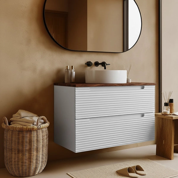 Mobile bagno bianco opaco 80x45 Mango top noce e lavabo tondo da appoggio in ceramica