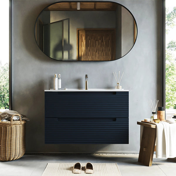 Mobile bagno blu notte 100x45 Mango due cassetti soft close con lavabo in ceramica lucida