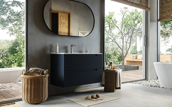 Mobile bagno blu notte 100x45 Mango due cassetti soft close con lavabo in ceramica lucida