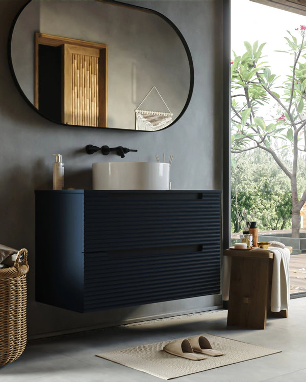 Mobile bagno blu notte 80x45 Mango lavabo tondo da appoggio Blu Scuro, dettaglio ravvicinato della finitura e del...