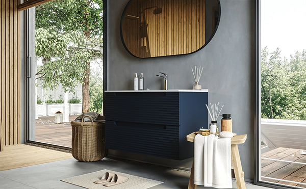 Mobile bagno blu notte 80x45 Mango due cassetti soft close con lavabo in ceramica lucida