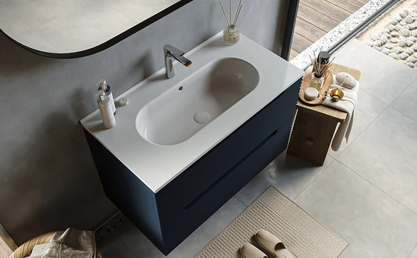 Mobile bagno blu notte 80x45 Mango due cassetti soft close con lavabo in ceramica lucida