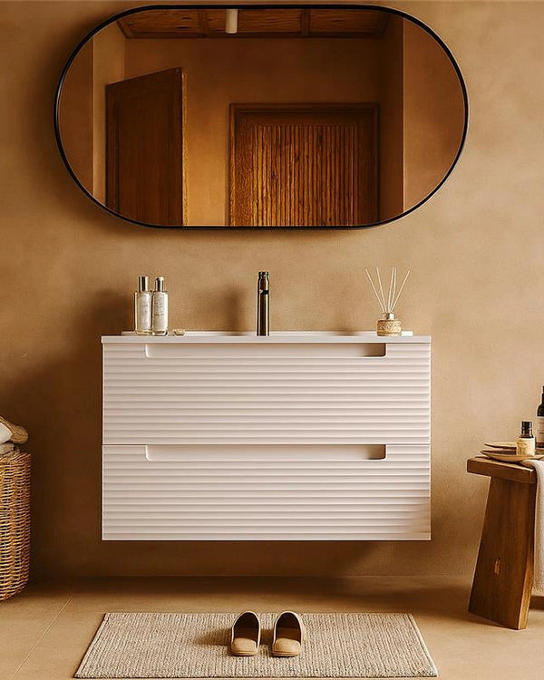 Mobile bagno canapa 80x45 Mango con lavabo in ceramica CANAPA MATT in naturale con lavabo e rubinetteria, vista frontale...