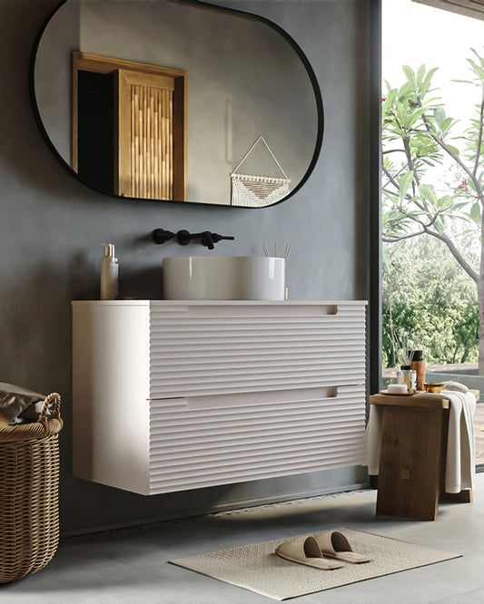 Mobile bagno canapa 80x45 Mango lavabo tondo da appoggio in CANAPA MATT, dettaglio ravvicinato della finitura e del...
