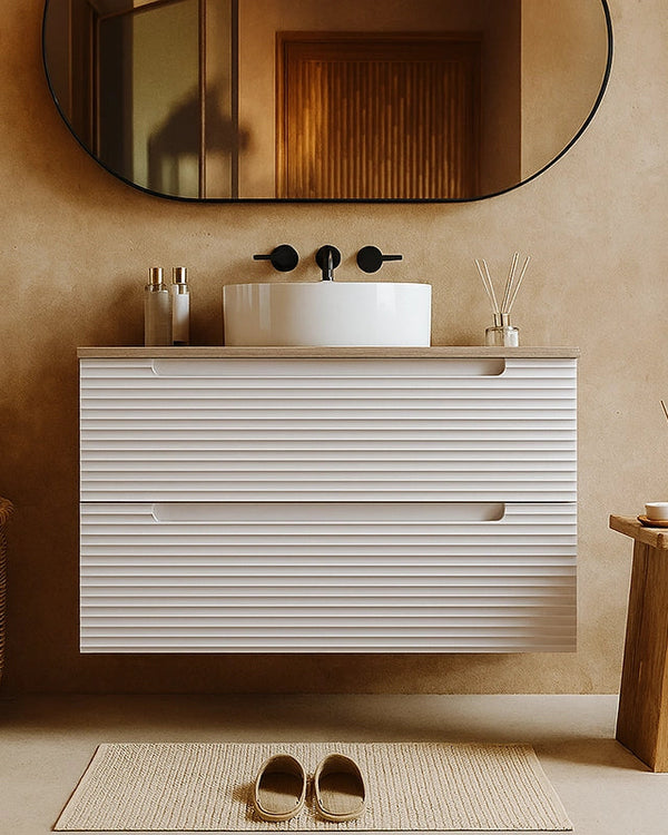 Mobile bagno canapa 100x45 Mango top quercia e lavabo CANAPA MATT in naturale con lavabo e rubinetteria, vista frontale...