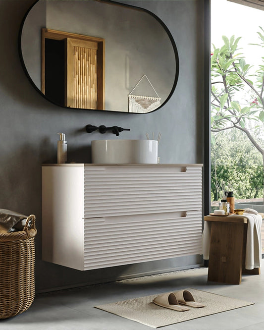 Mobile bagno canapa 80x45 Mango top noce e lavabo tondo da CANAPA MATT ambientato in bagno moderno con specchio e...