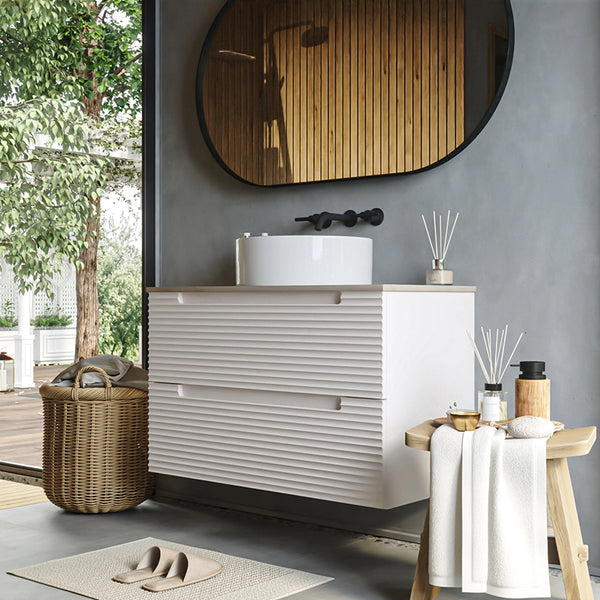 Mobile bagno canapa 80x45 Mango top noce e lavabo tondo da appoggio in ceramica