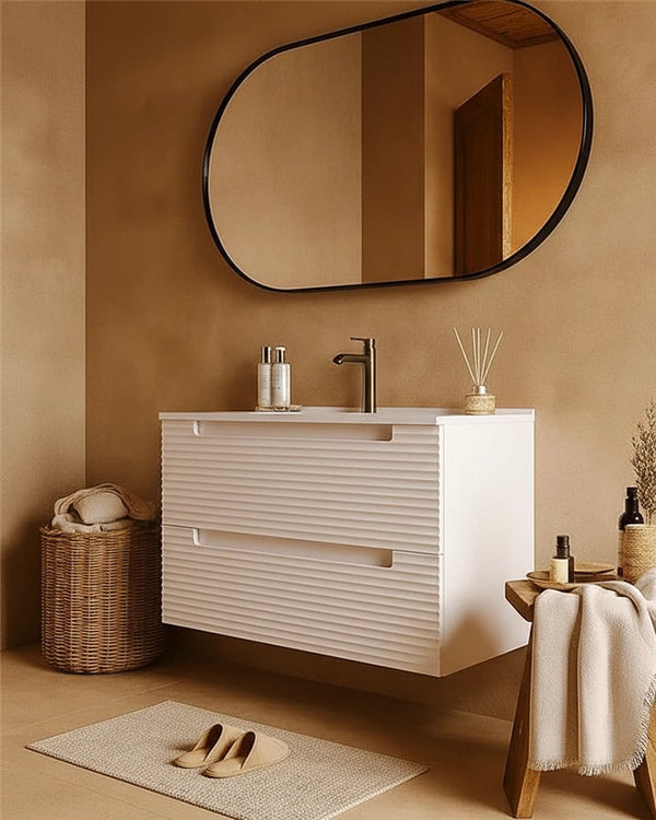 Mobile bagno canapa 100x45 Mango lavabo in ceramica lucida CANAPA MATT ambientato in bagno moderno con specchio e...