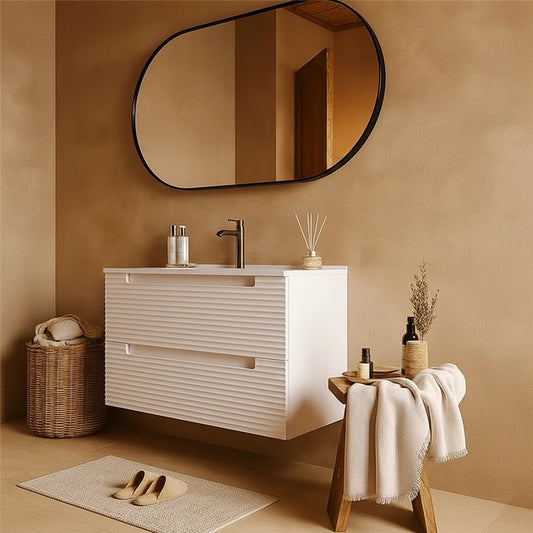 Mobile bagno canapa 100x45 Mango lavabo in ceramica lucida CANAPA MATT ambientato in bagno moderno con specchio e...