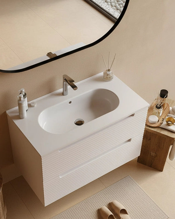 Mobile bagno canapa 100x45 Mango lavabo in ceramica lucida CANAPA MATT, dettaglio ravvicinato della finitura e del...