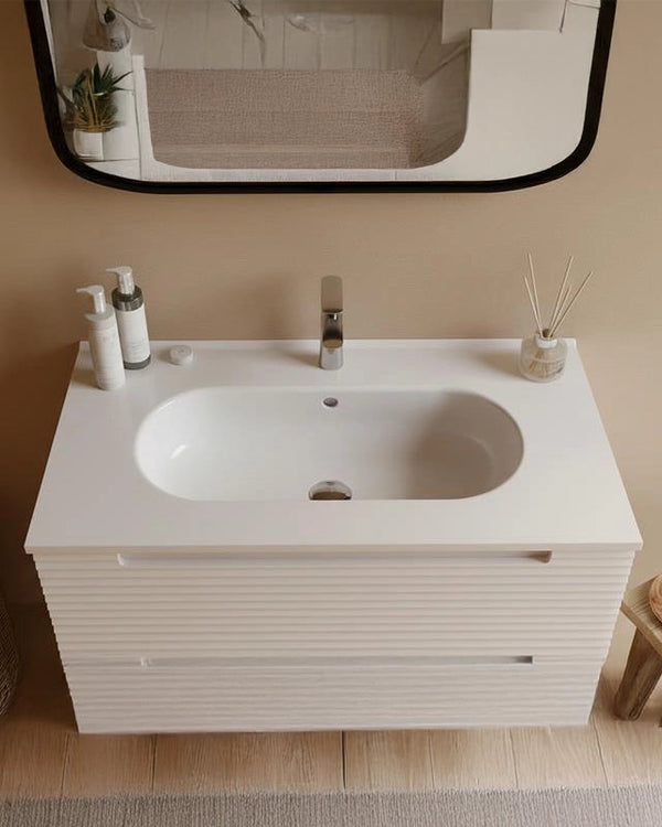 Mobile bagno canapa 80x45 Mango con lavabo in ceramica CANAPA MATT, dettaglio ravvicinato della finitura e del cassetto...