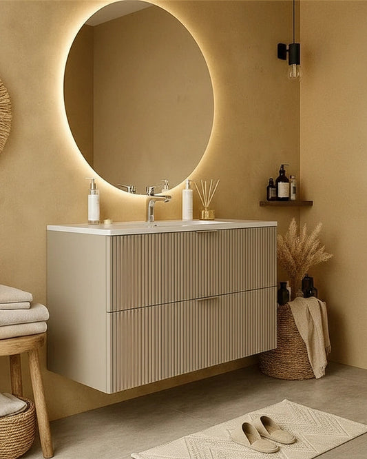 Mobile bagno cannettato 102x47 tortora opaco lavabo in ambientato in bagno moderno con specchio e accessori - Exagonshop