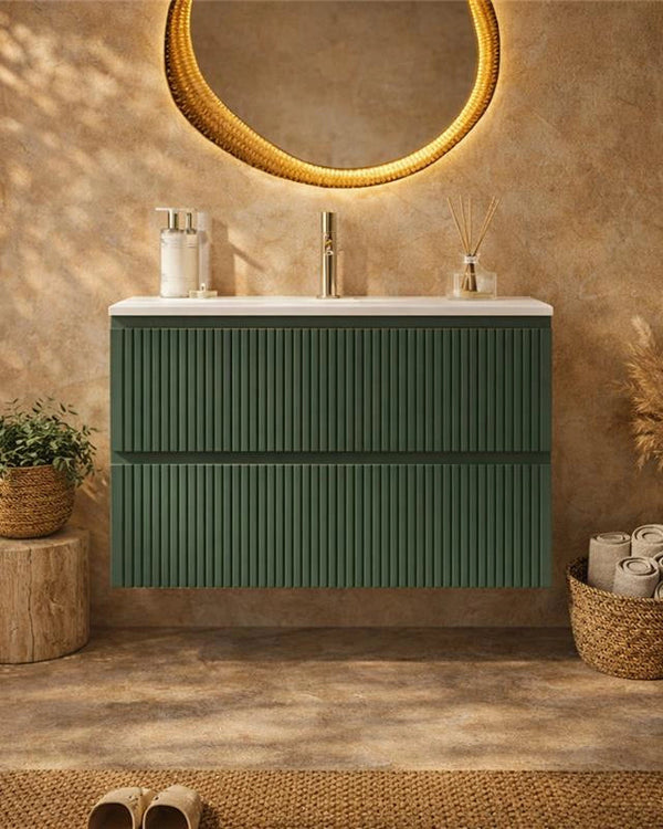 Mobile bagno cannettato 80X46 Pisa verde lavabo resina in mdf con lavabo e rubinetteria, vista frontale su sfondo neutro...