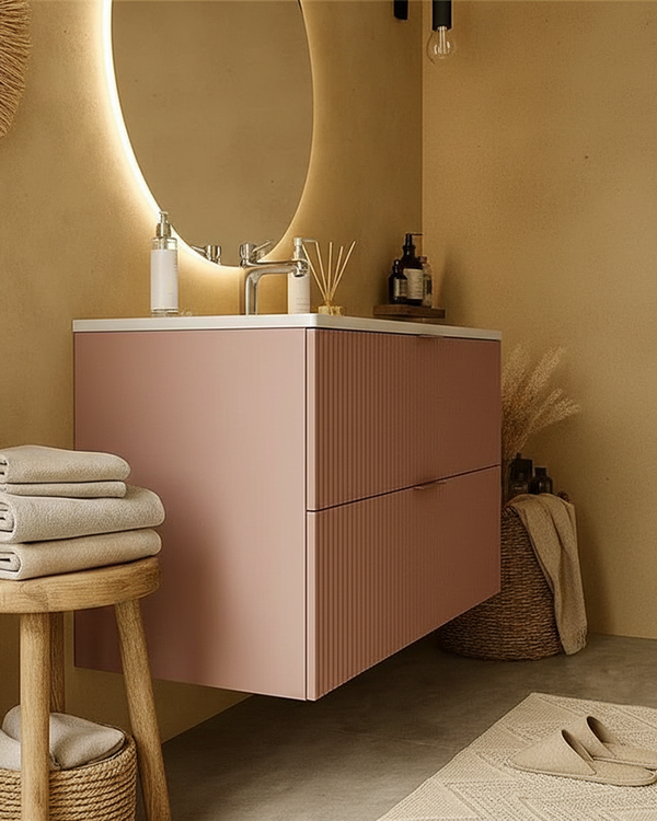 Mobile bagno cannettato rosa 102x47 lavabo in ceramica, vista dall'alto del piano con lavabo - Exagonshop