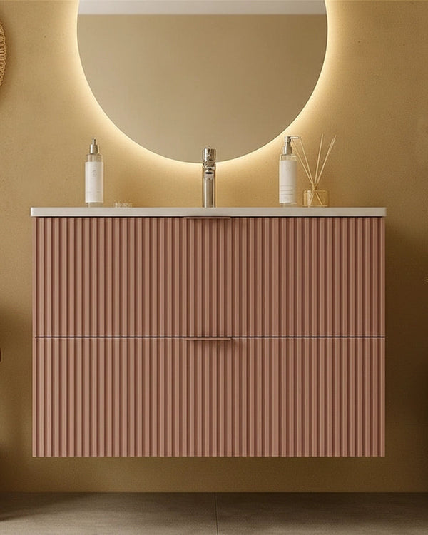 Mobile bagno cannettato rosa 102x47 lavabo in ceramica, dettaglio ravvicinato della finitura e del cassetto - Exagonshop